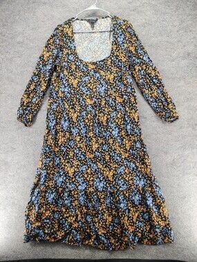 New Look Dress Womens 14 Long Sleeve Black Floral Square Neck